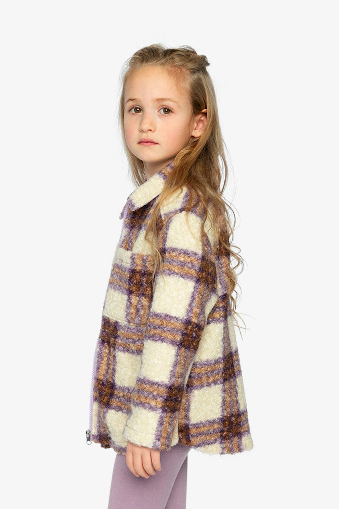 Zipped Sherpa Overshirt With Chest Pockets Beige And Mauve Plaid