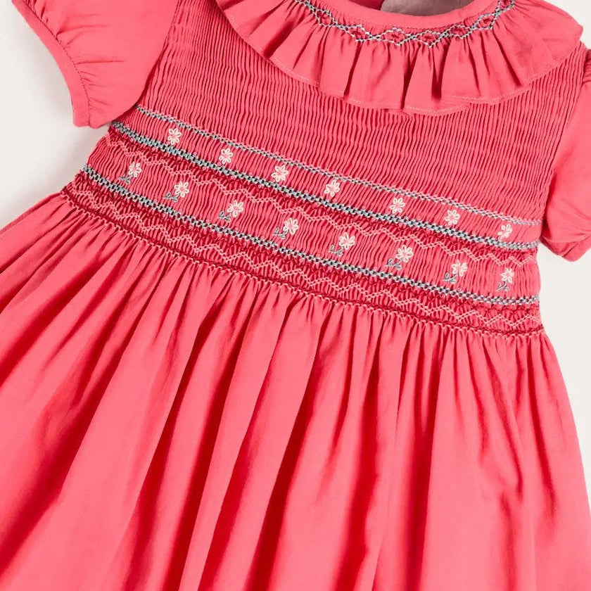 Hand Smocked Flower Embroidered Dress in Strawberry (12mths- 10yrs)