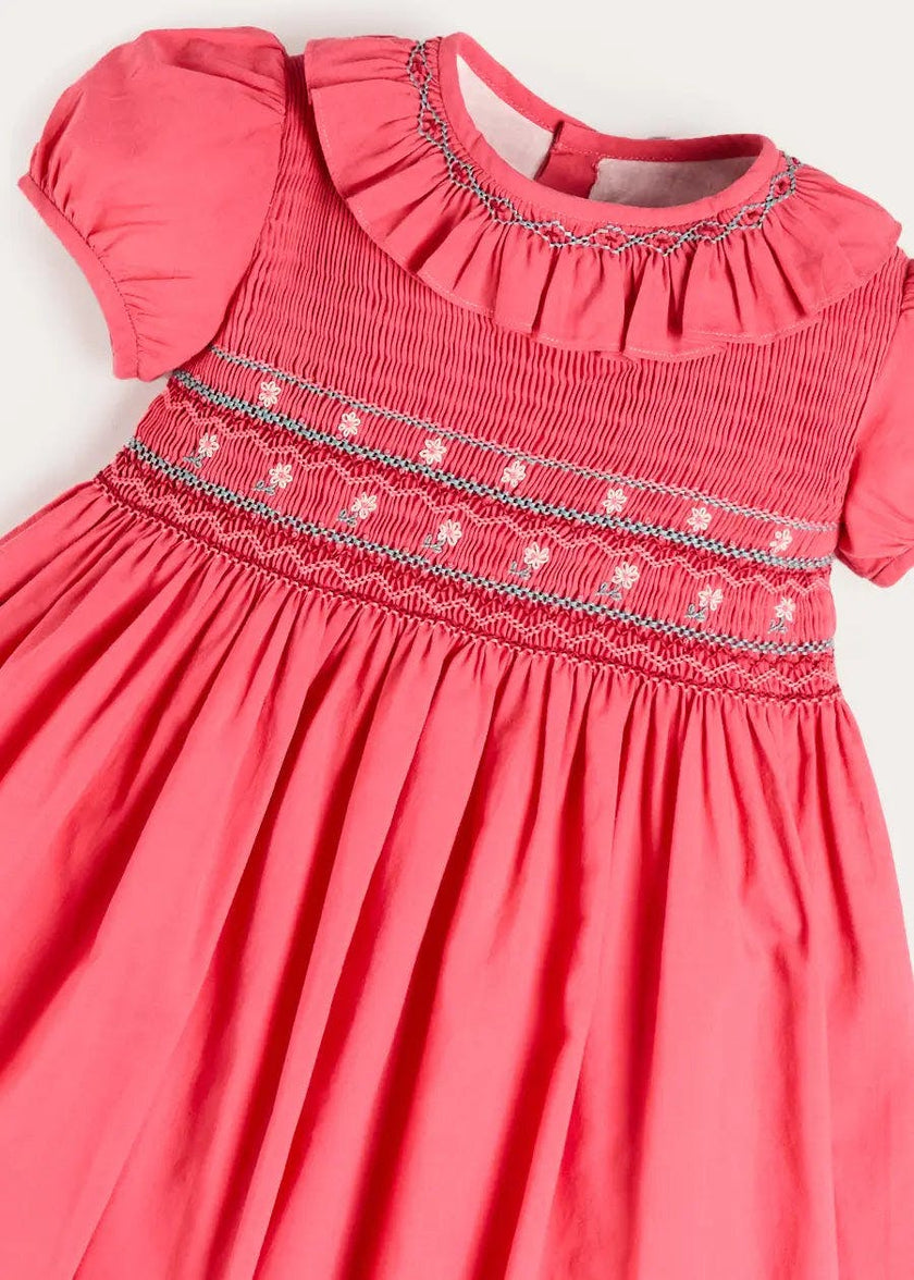Hand Smocked Flower Embroidered Dress in Strawberry (12mths- 10yrs)