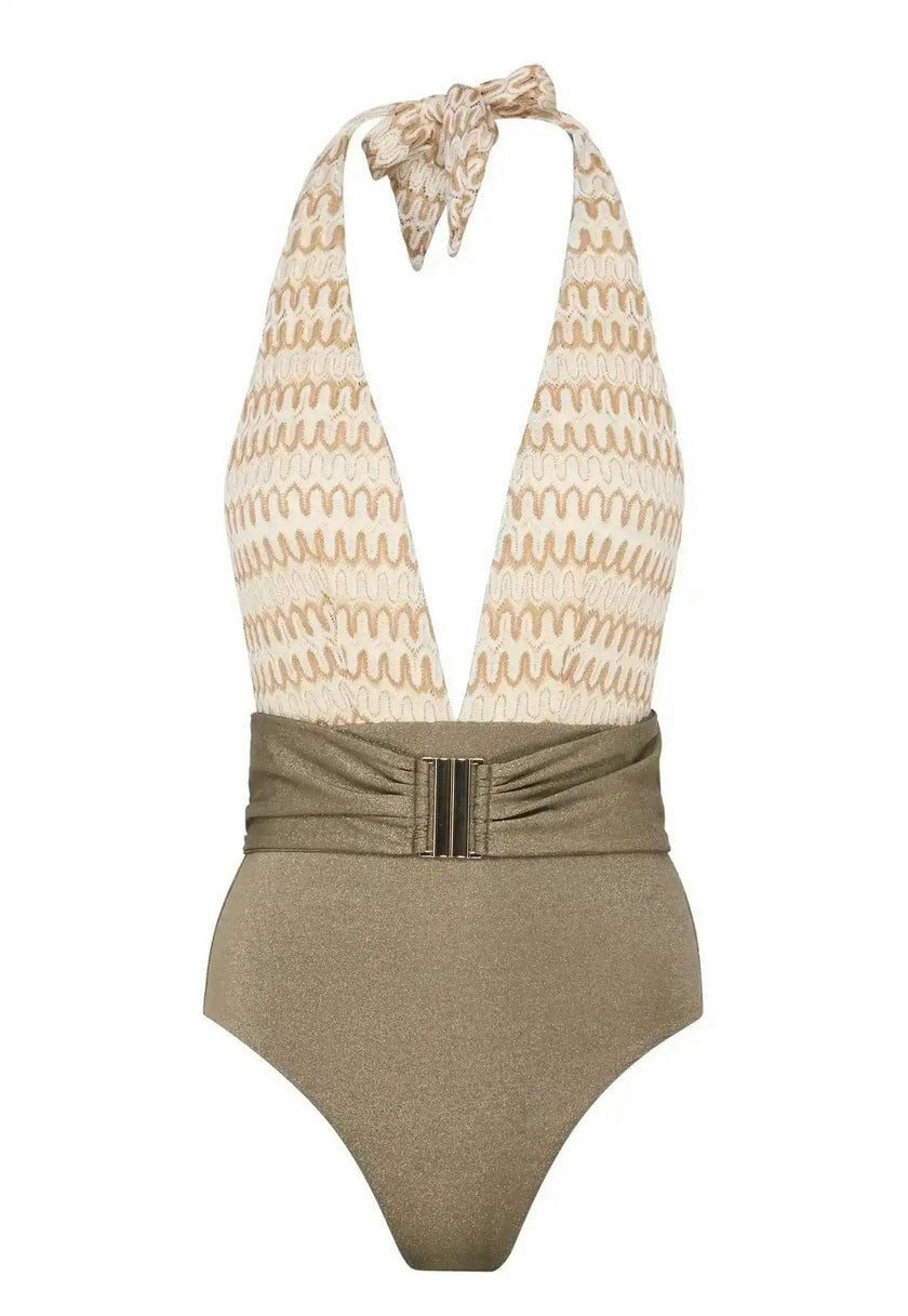 Women's one-piece swimsuit, crochet ecru/khaki | SUNSET 1P