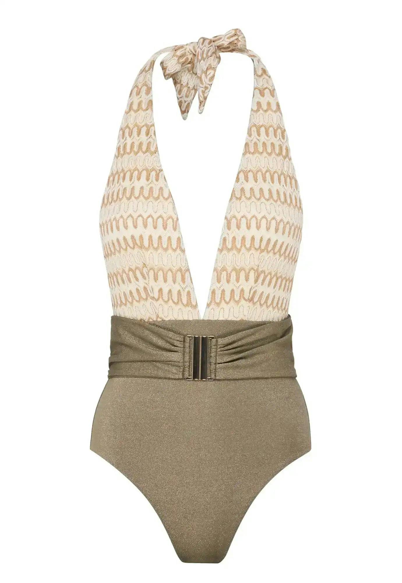 Women's one-piece swimsuit, crochet ecru/khaki | SUNSET 1P