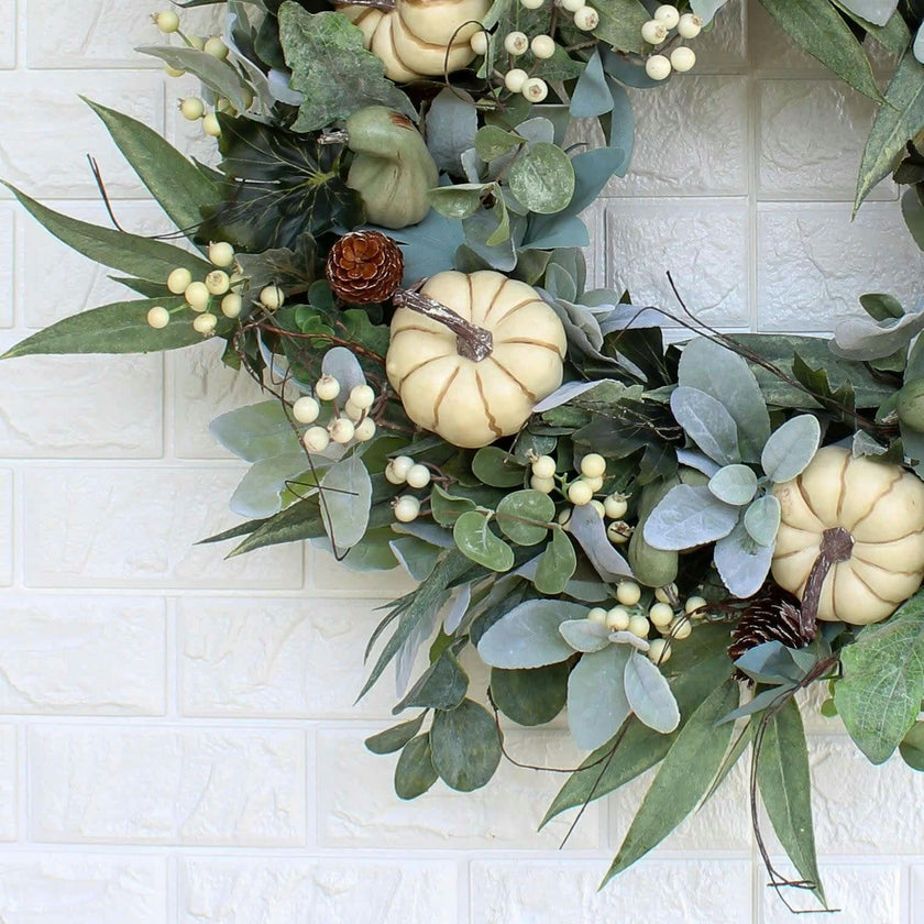 Cream Pumpkin, Eucalyptus & Gourd, Lamb's Ear Fall Harvest Front Door Wreath - Available In 2 Sizes
