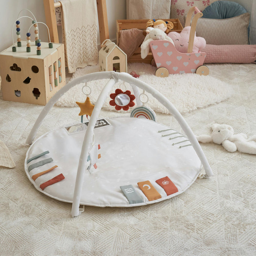 Beautiful Baby Play Gym & Tummy Time Mat - Soft Cotton Mat with 4 Cute Toys & Cards - Perfect Activity Area for Your Girl/Boy - Stylish Infant Floor Playmat