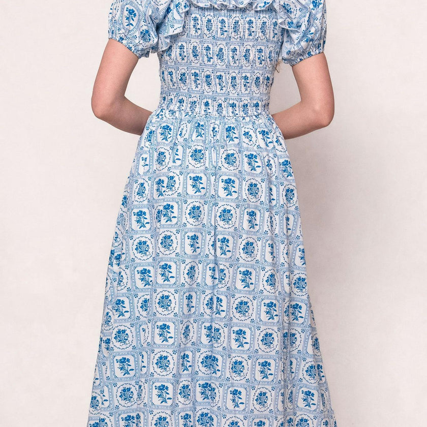 Mae Dress in Blue Floral Stamp