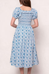 Mae Dress in Blue Floral Stamp
