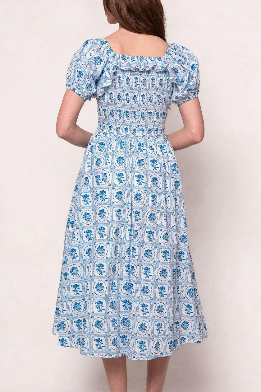 Mae Dress in Blue Floral Stamp