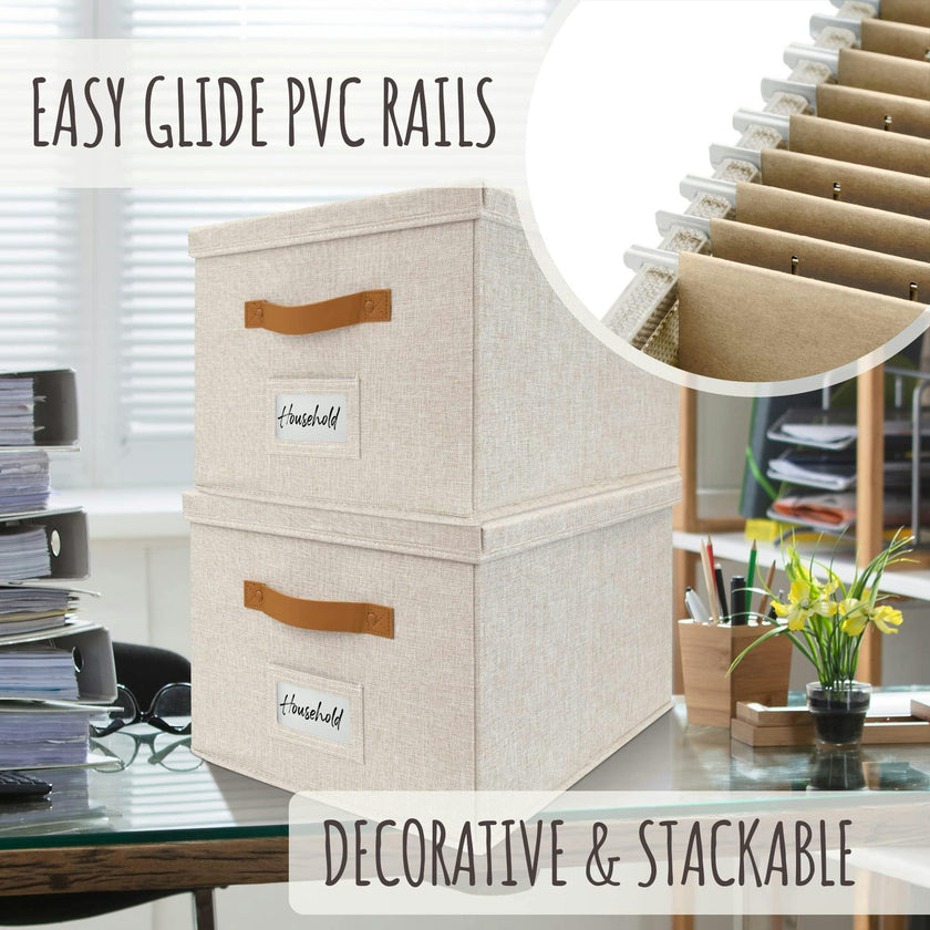 ZICOTO Decorative Ivory File Box Organizer Set of 2 - Collapsible Linen File Cabinet for Easy Folder Storage - Store All Your Documents and Folders in Style