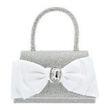 White Bow Accented Silver Rhinestone Handbag