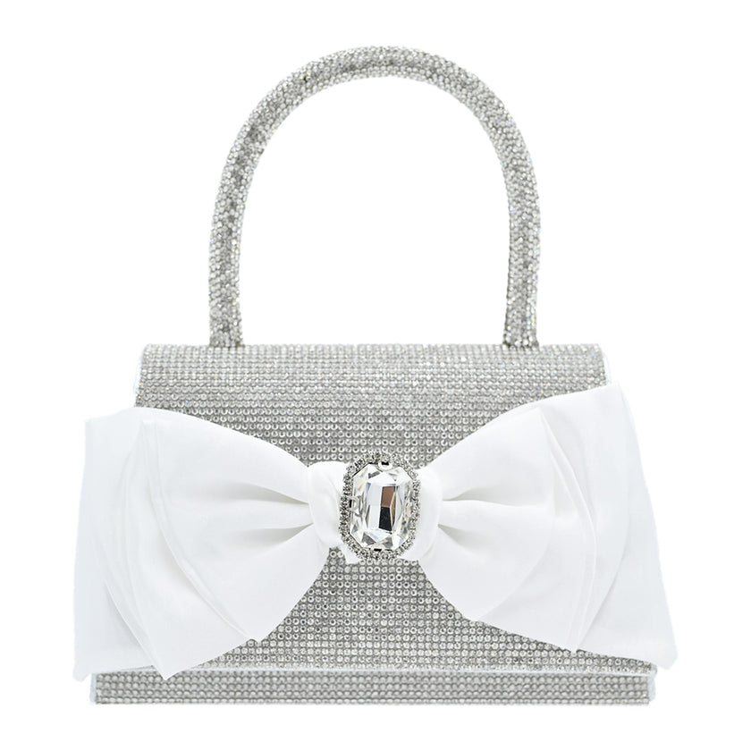 White Bow Accented Silver Rhinestone Handbag