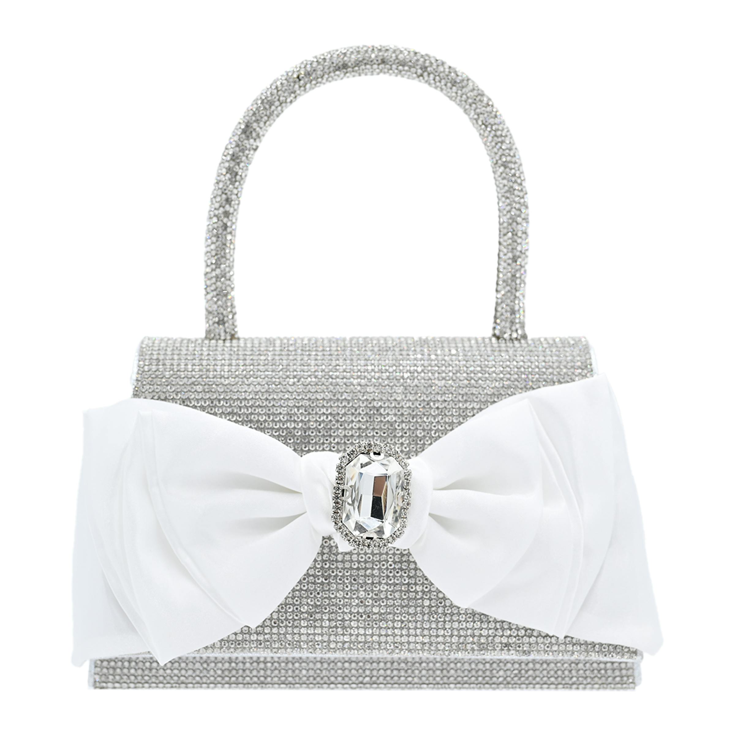 White Bow Accented Silver Rhinestone Handbag