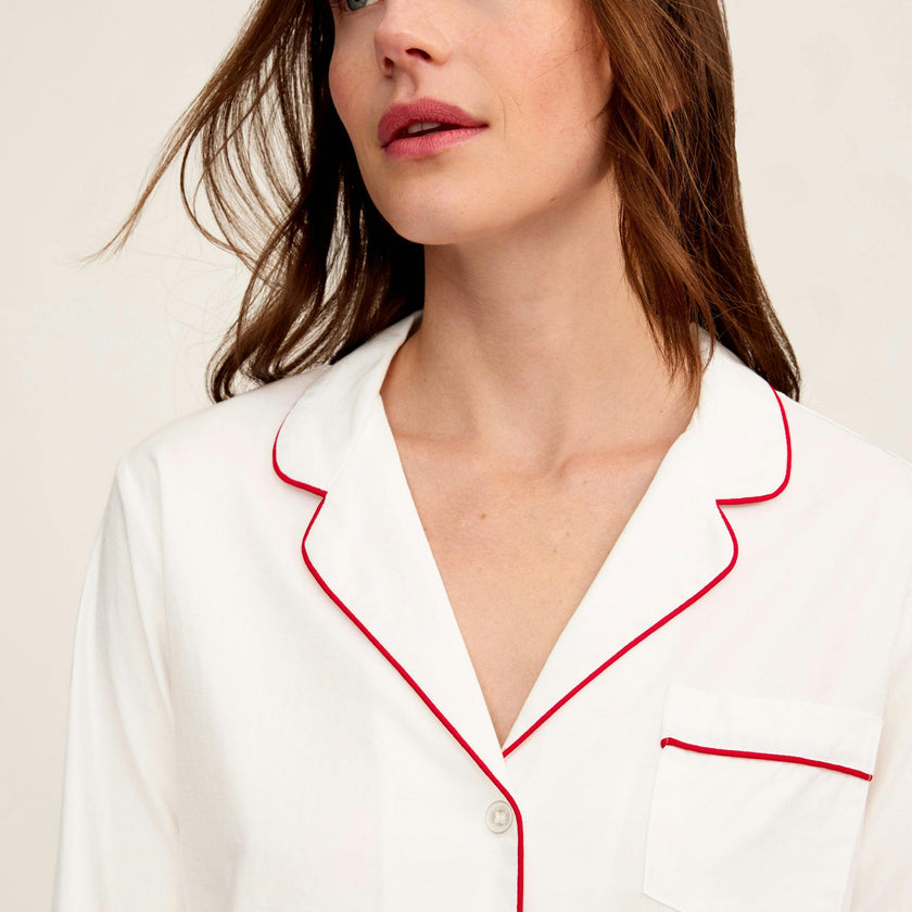 Women's Twill Pajama Set in White with Red Piping