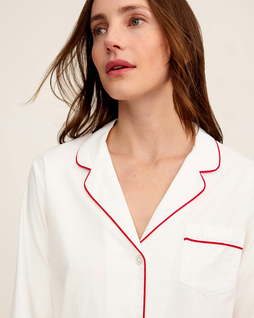 Women's Twill Pajama Set in White with Red Piping