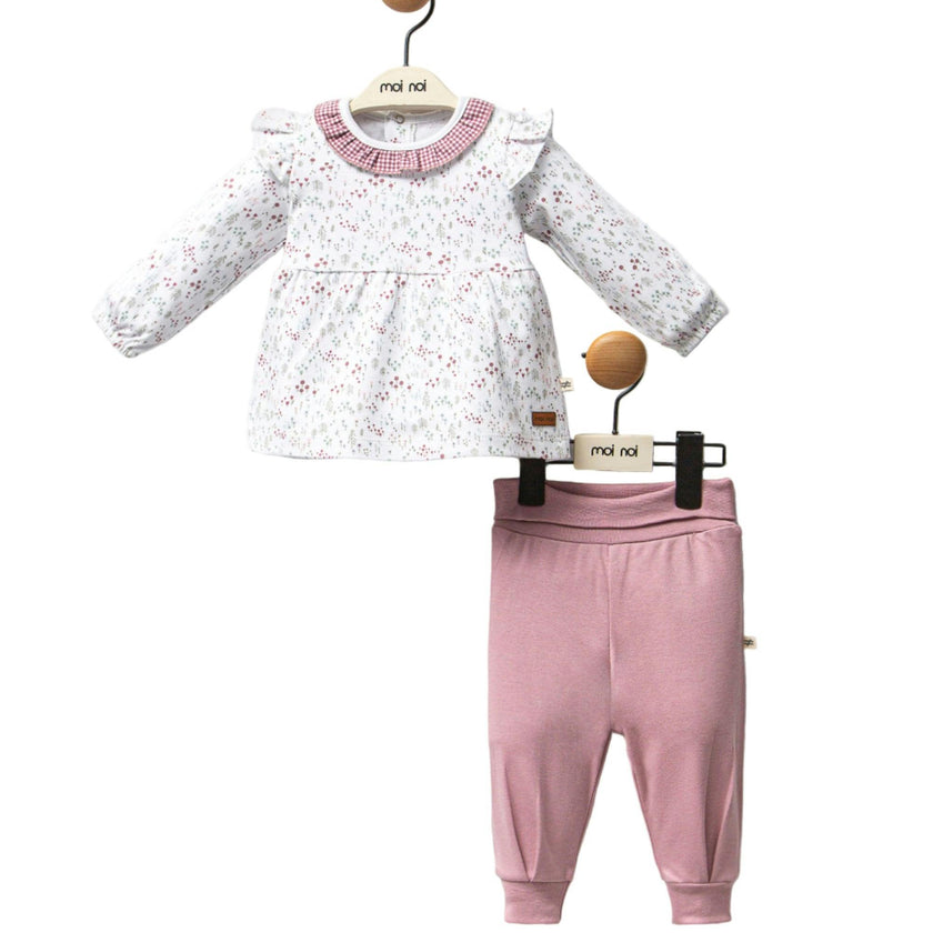 Pink Flower Neckline Ruffle Outfit