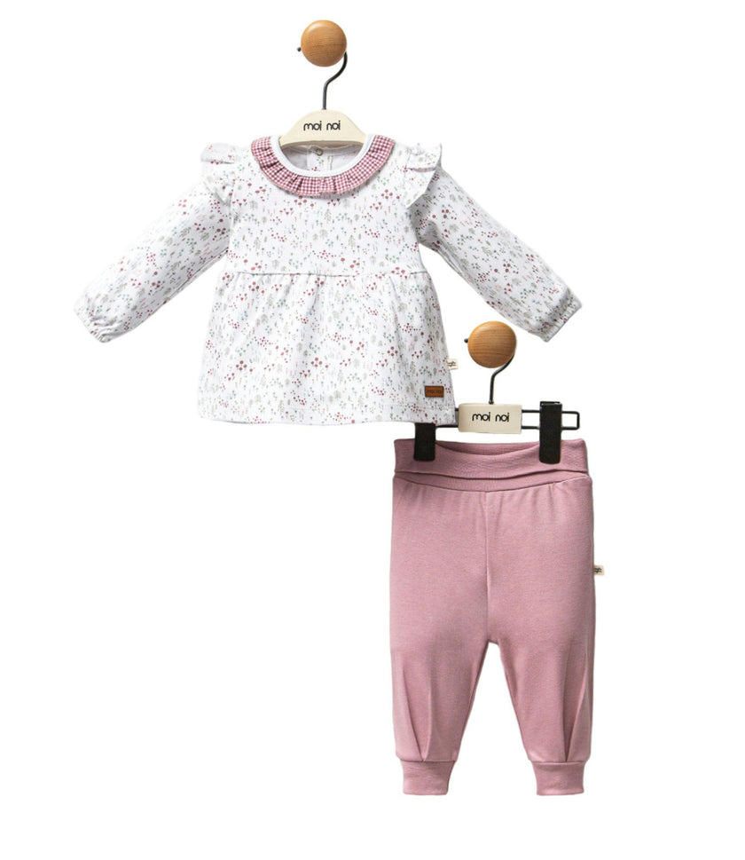 Pink Flower Neckline Ruffle Outfit