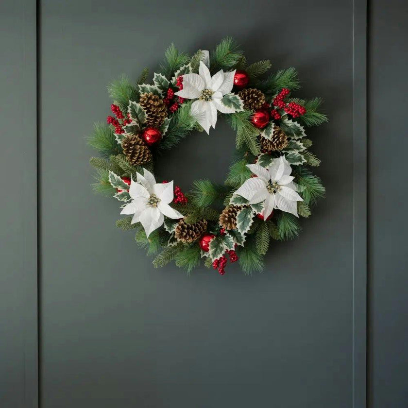 26" White Poinsettia, Pinecone & Berry Wreath Pre-Lit