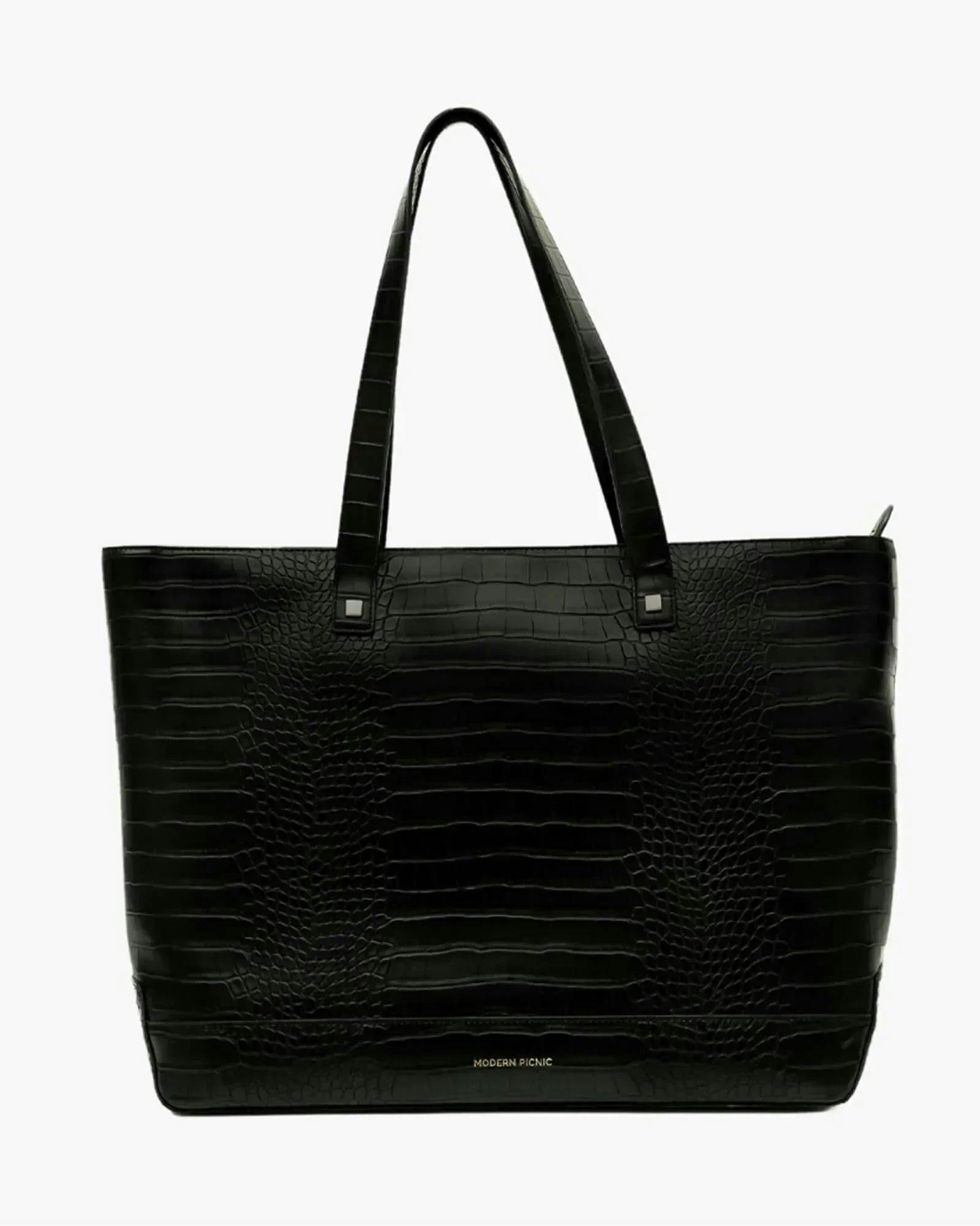 Vegan Leather Work Tote Bag with Removable Insulated Pouch, Black Croc