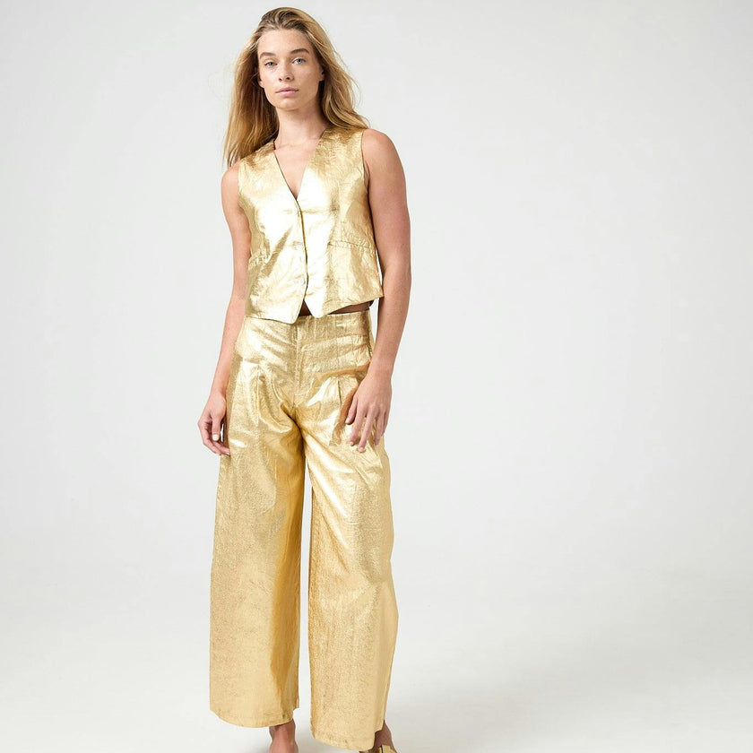 Culotte Metallic Linen Pants - Gold