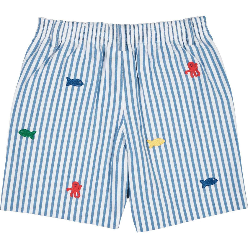 Seersucker Short With Embroidered Sea Creatures