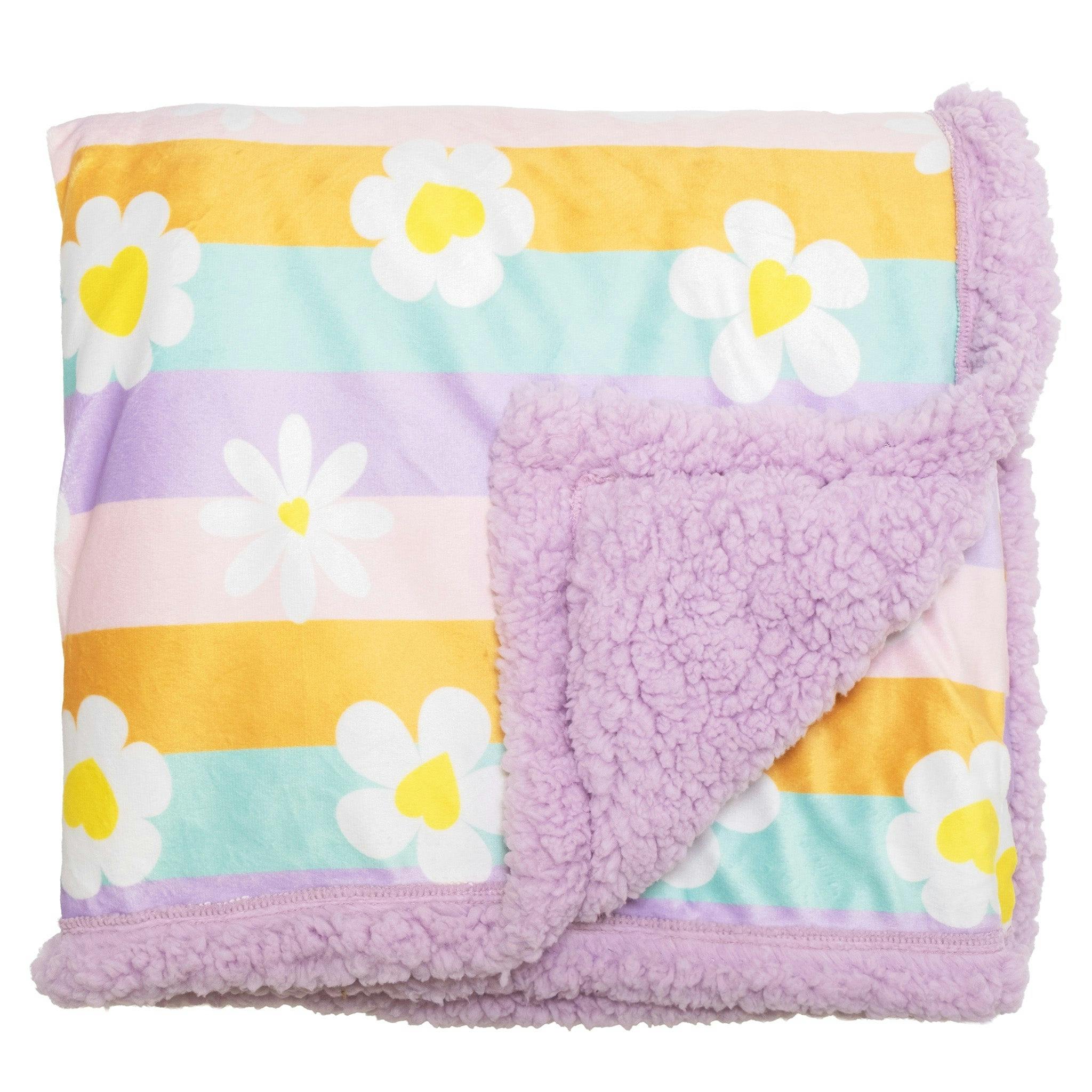 Cozy Switch Blanket – Reversible Sherpa & Mink Fleece Blanket with Embroidered Appliqué, Happy Daisy Stripes