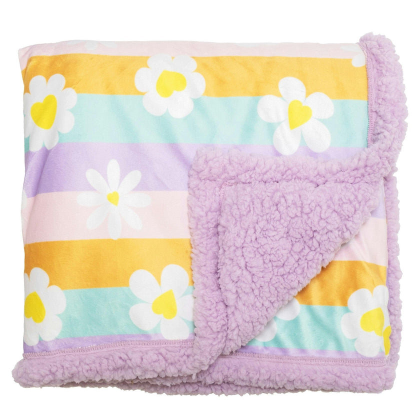 Cozy Switch Blanket – Reversible Sherpa & Mink Fleece Blanket with Embroidered Appliqué, Happy Daisy Stripes