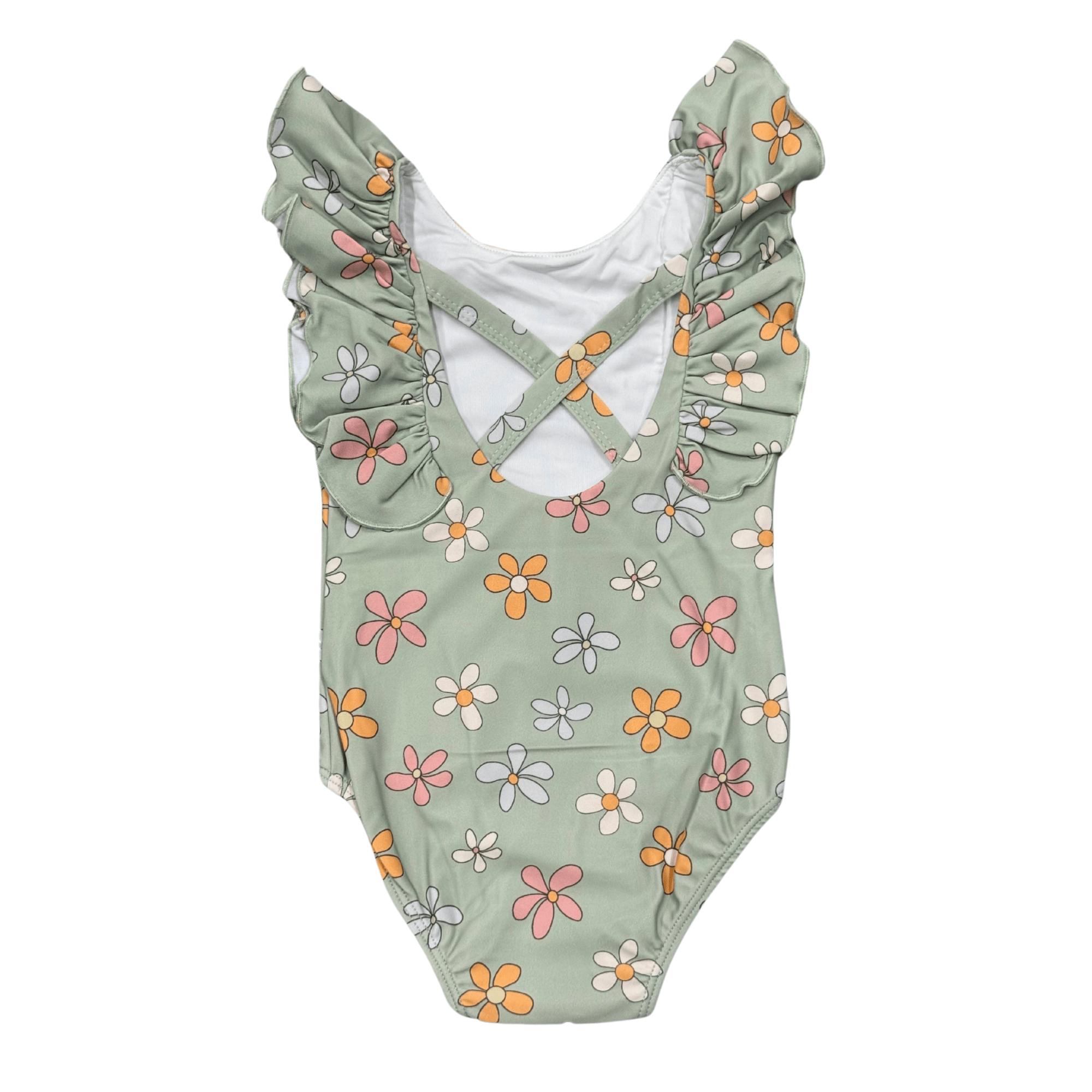 Baby Girl Ruffle Sleeve Cross Back Swimsuit in Llamas