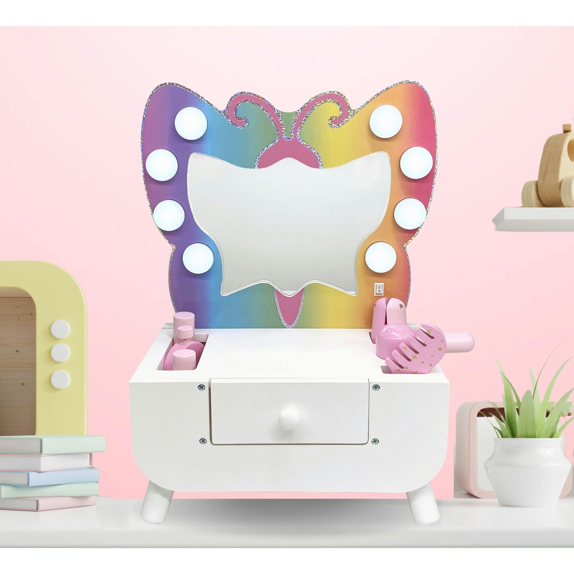 Colorful Butterfly-Shaped Tabletop Vanity with LED-Illuminated Mirror and Accessory Set