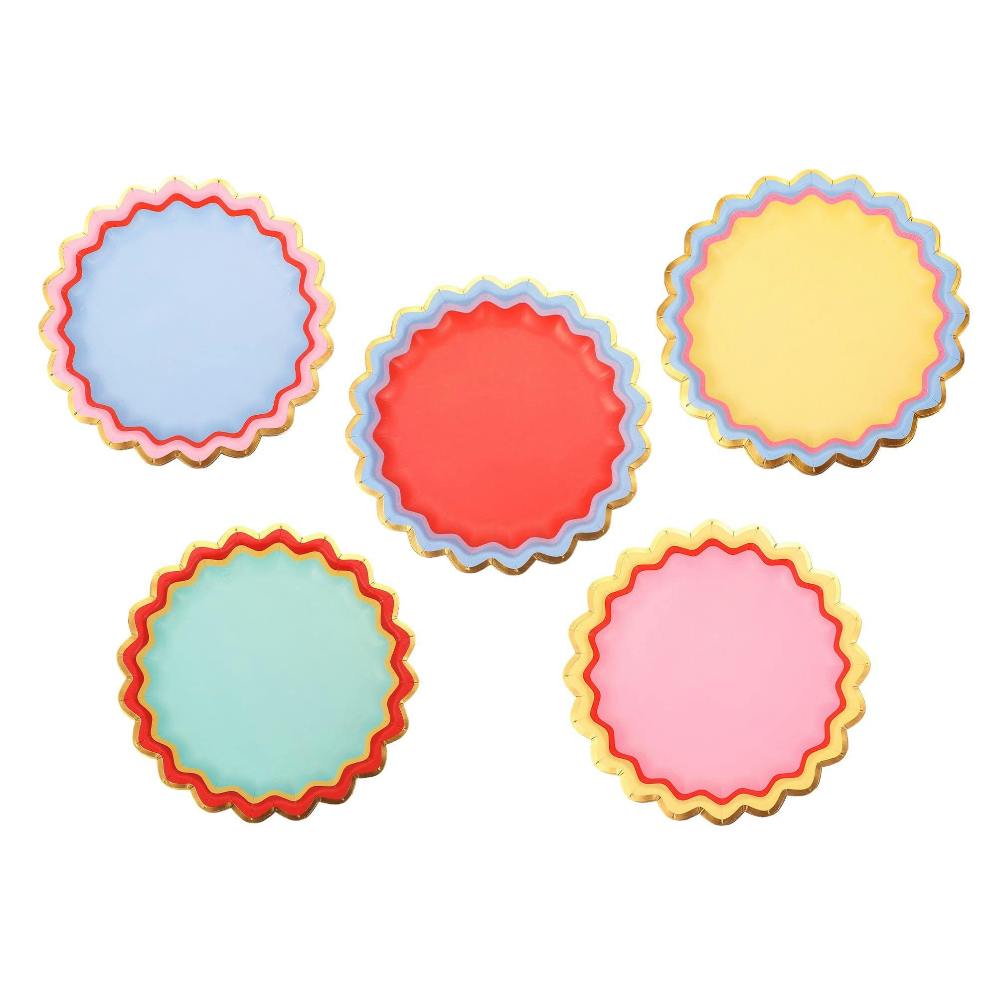 Packed Party Rainbow Ric Rac 10ct Paper Dessert Plates | Gold Foil Scalloped 5-Color Mix Party Plates | 8 Inch Birthday Plates