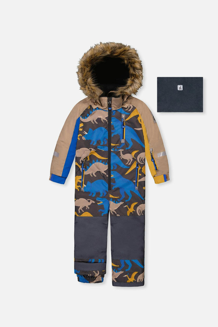 Kids One Piece Play Snowsuit Grey And Blue Dinosaur Print