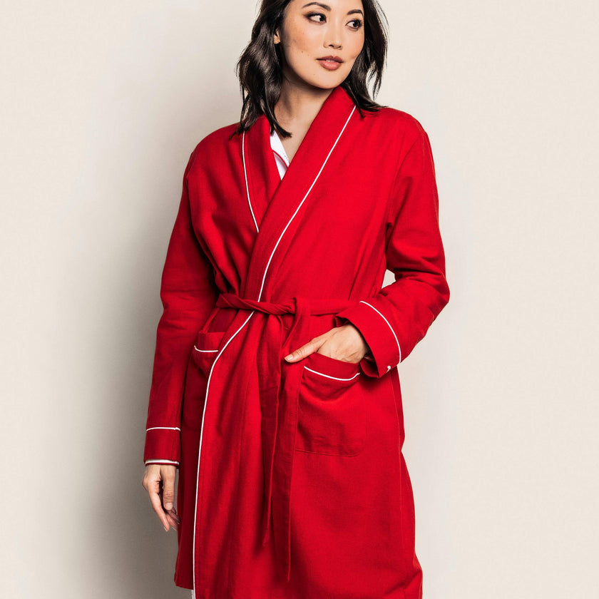 Women's Flannel Robe in Red with White Piping