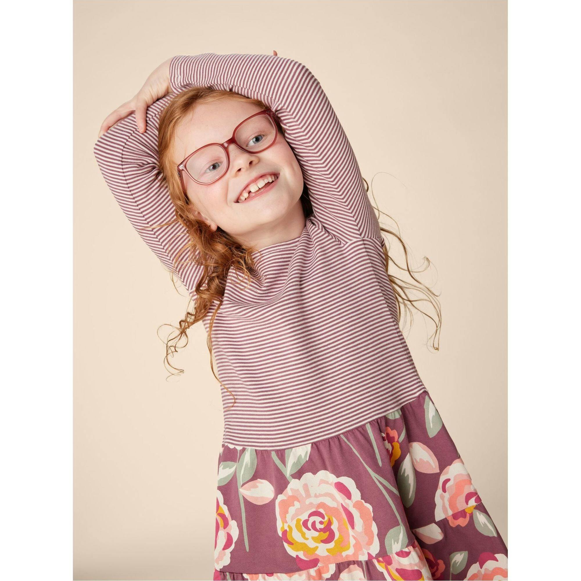 Mix Print Long Sleeve Tiered Twirl Skirt Dress, Multi