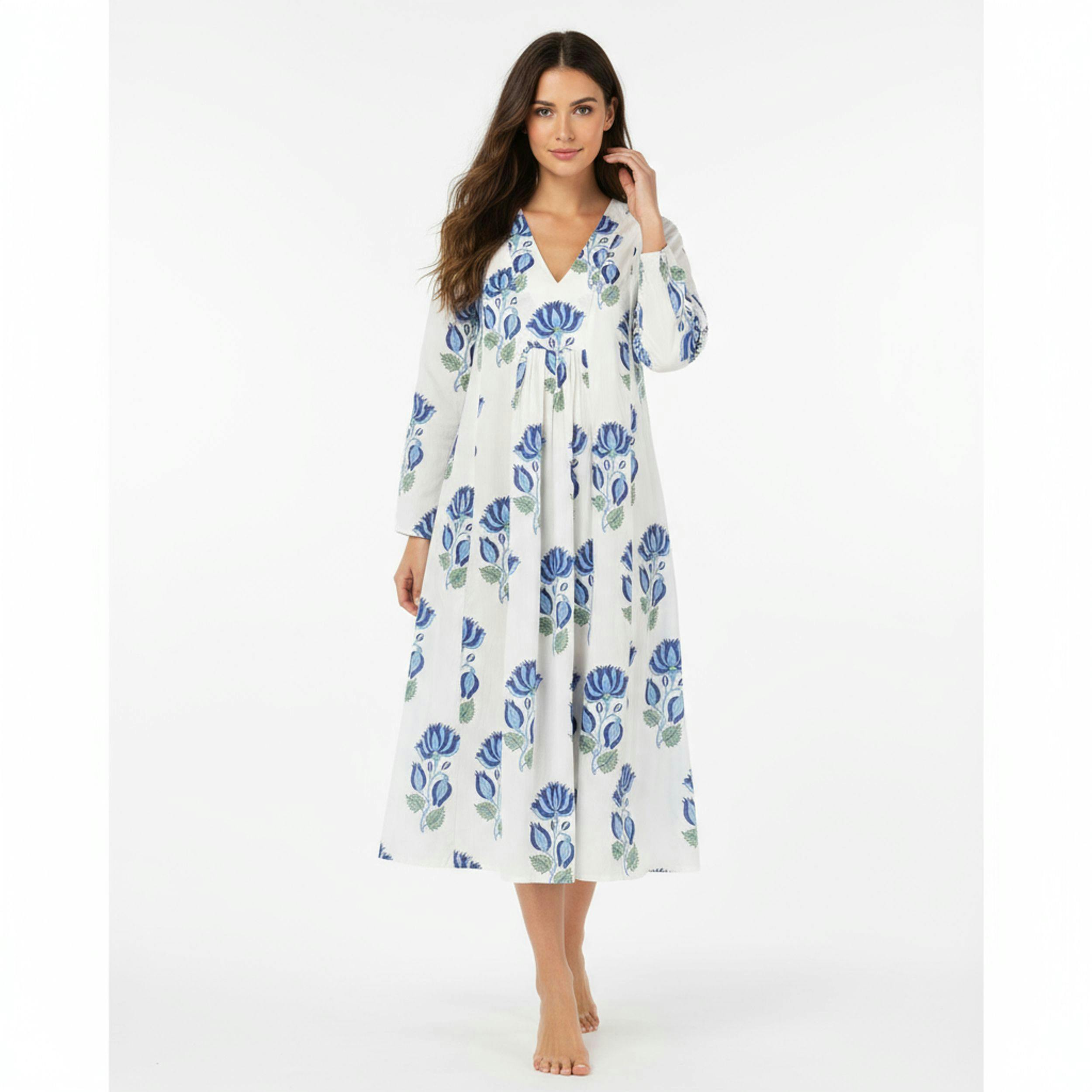 St Barth Womens Kaftan Blue Lotus Block Print, Blue Lotus Block Print