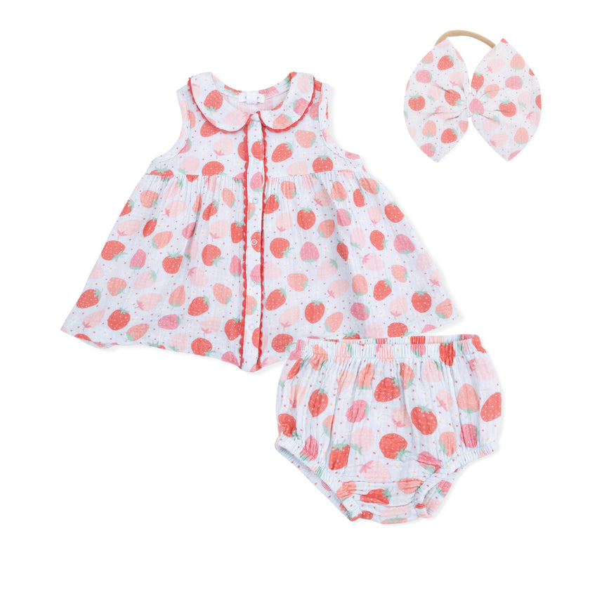 Strawberry Bliss - Jill Dress with Bloomer & Bow on Headband Set