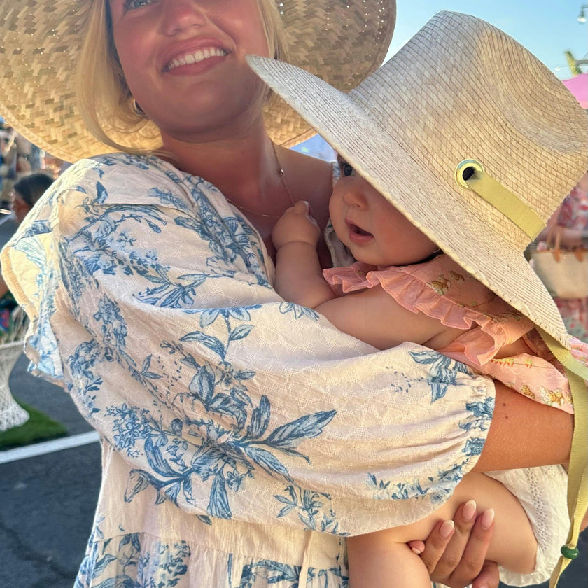 Mommy & Me Sun Hat Set - Hollyhock & Petunia - Long Olive Green Grosgrain Ribbon