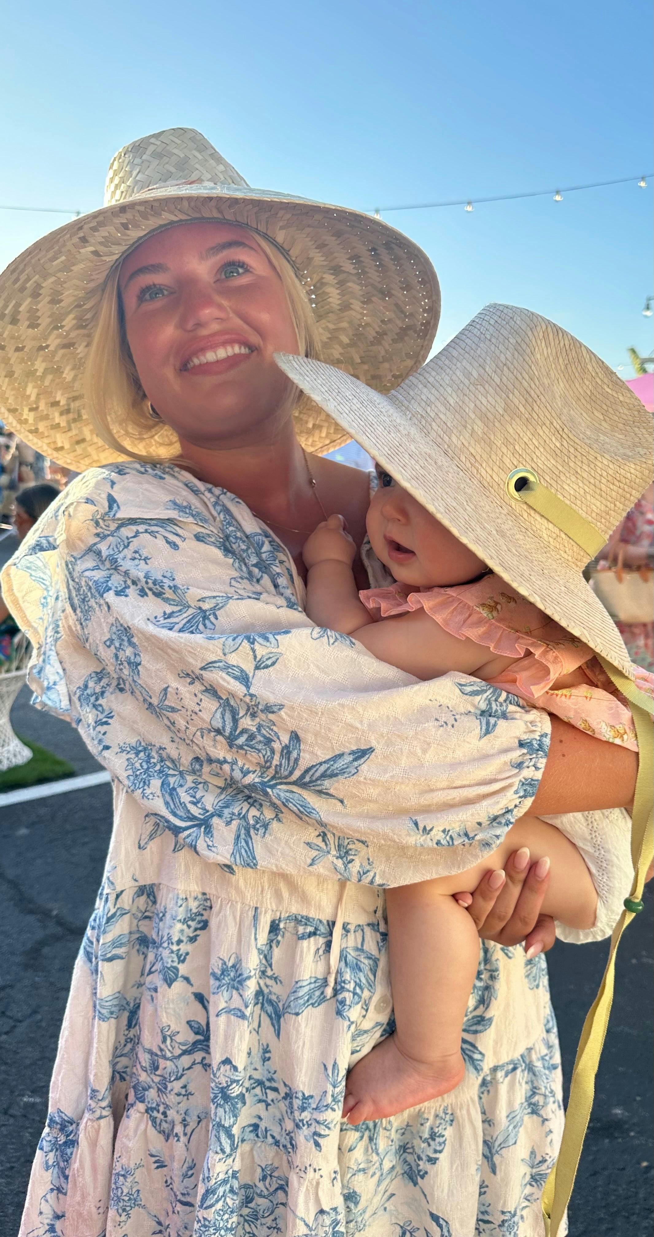 Mommy & Me Sun Hat Set - Hollyhock & Petunia - Long Rainbow Rosebud Vintage Ribbon