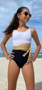 Malibu Sleeveless Round Neck Tie Belt Cut-Out Swimsuit