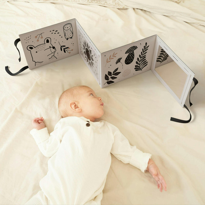 Soft Tummy Time Book w/Large Stimulating Baby Safe Mirror - High Contrast Montessori Toy w/Mirror, Crinkle Filling & Silicone Teether - For Newborn Development