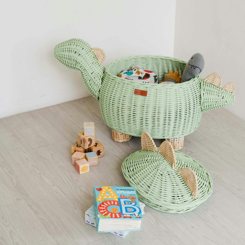 Handcrafted- Dinosaur Storage Basket Mint Green (Large) - Rattan Wicker