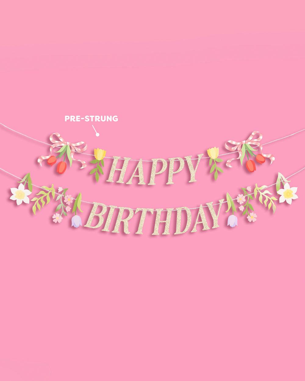 Floral Birthday Banner - gold glitter banner