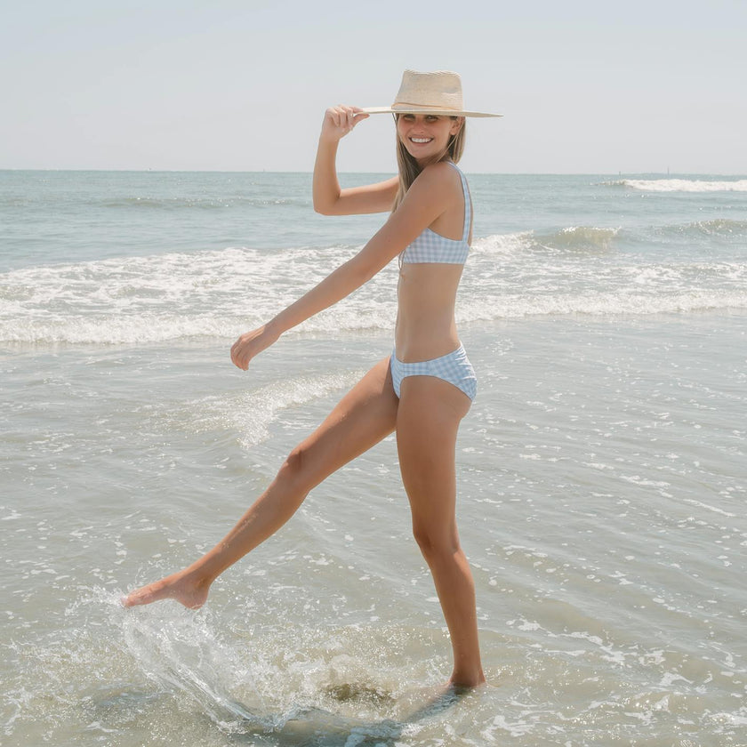 women's oasis blue gingham low waist bikini bottom