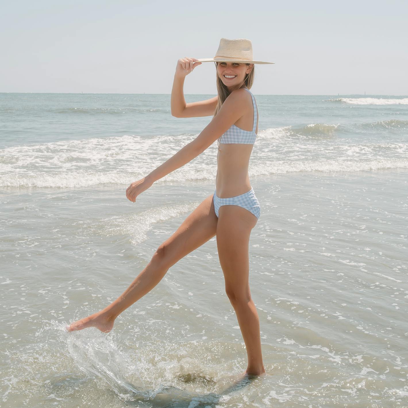 women's oasis blue gingham low waist bikini bottom