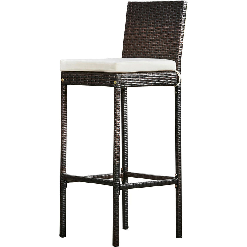 5 Piece Outdoor Bar Height Dining Set With Slat Acacia Wood Tabletop And Woven Weather Resistant Rattan With 4 Bar Stool Chairs And Cushions