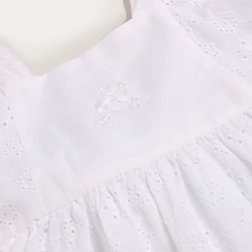 Flower Embroidered Broderie Anglaise Short Sleeve Dress in White (12mths-12yrs)