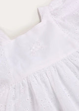 Flower Embroidered Broderie Anglaise Short Sleeve Dress in White (12mths-12yrs)