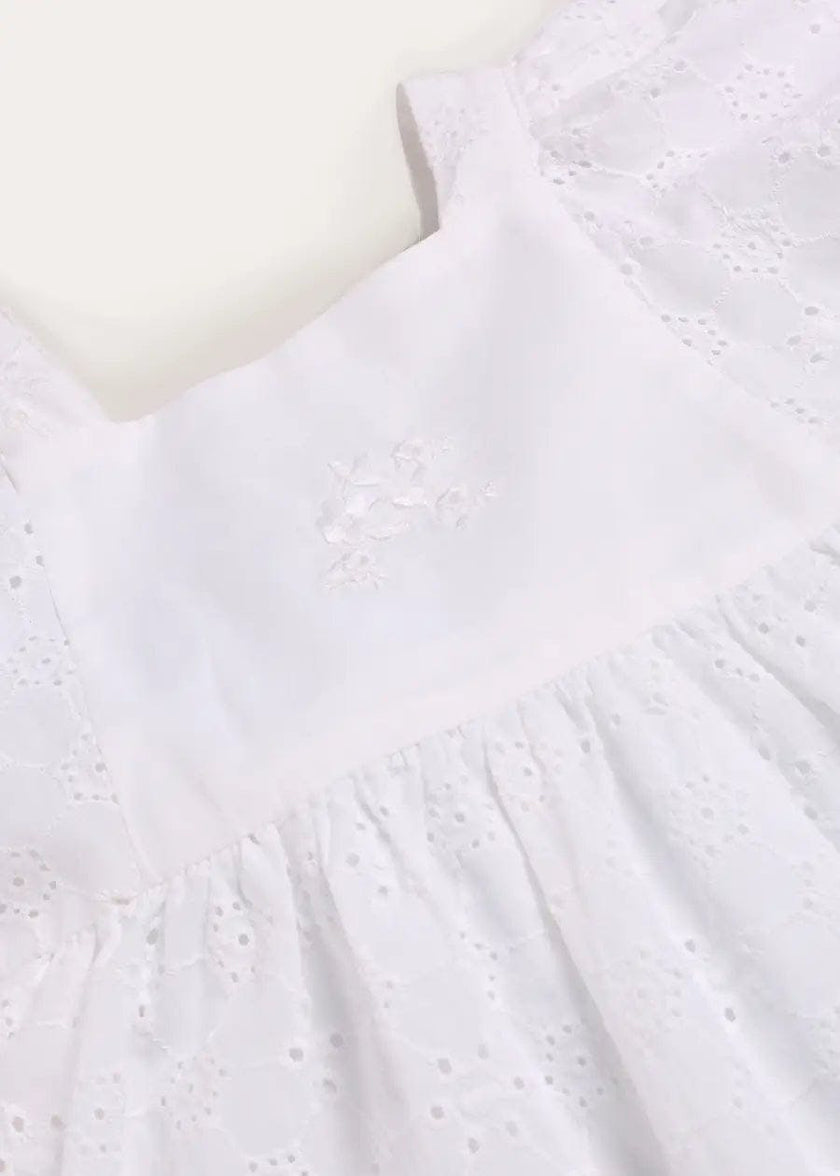 Flower Embroidered Broderie Anglaise Short Sleeve Dress in White (12mths-12yrs)