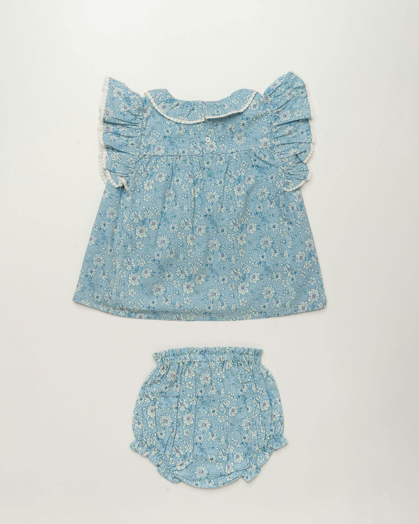 Vicky Baby Dress & Bloomer Set - Tonal floral blue print