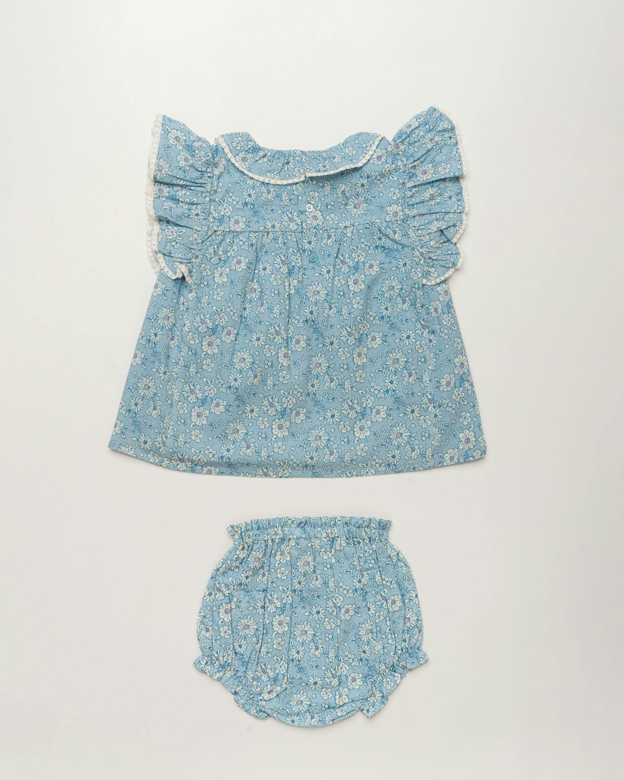Vicky Baby Dress & Bloomer Set - Tonal floral blue print