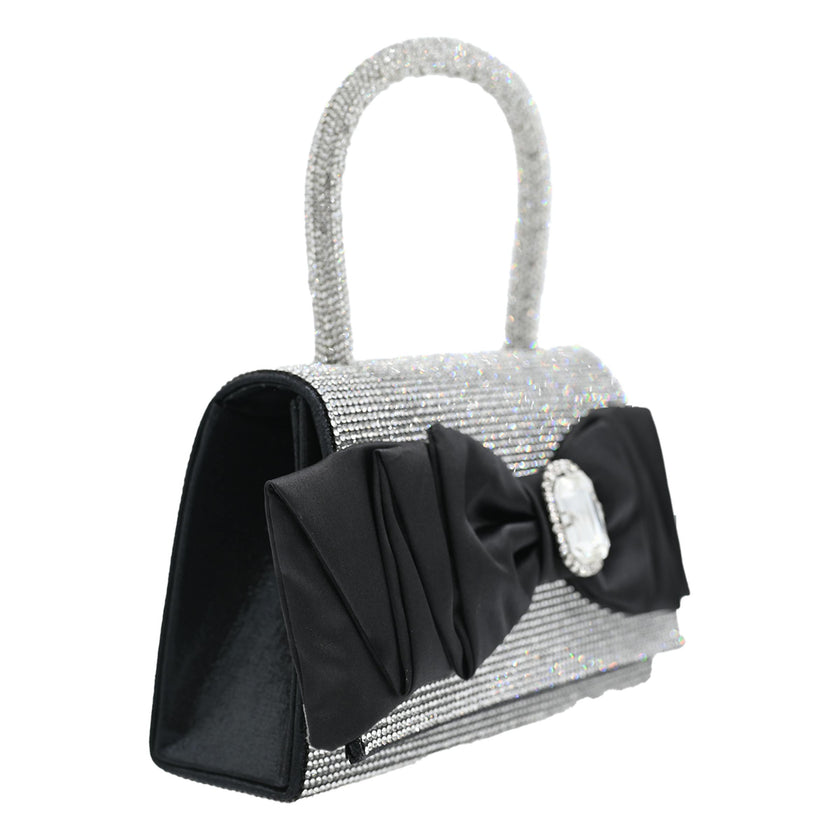Black Bow Accented Silver Rhinestone Handbag