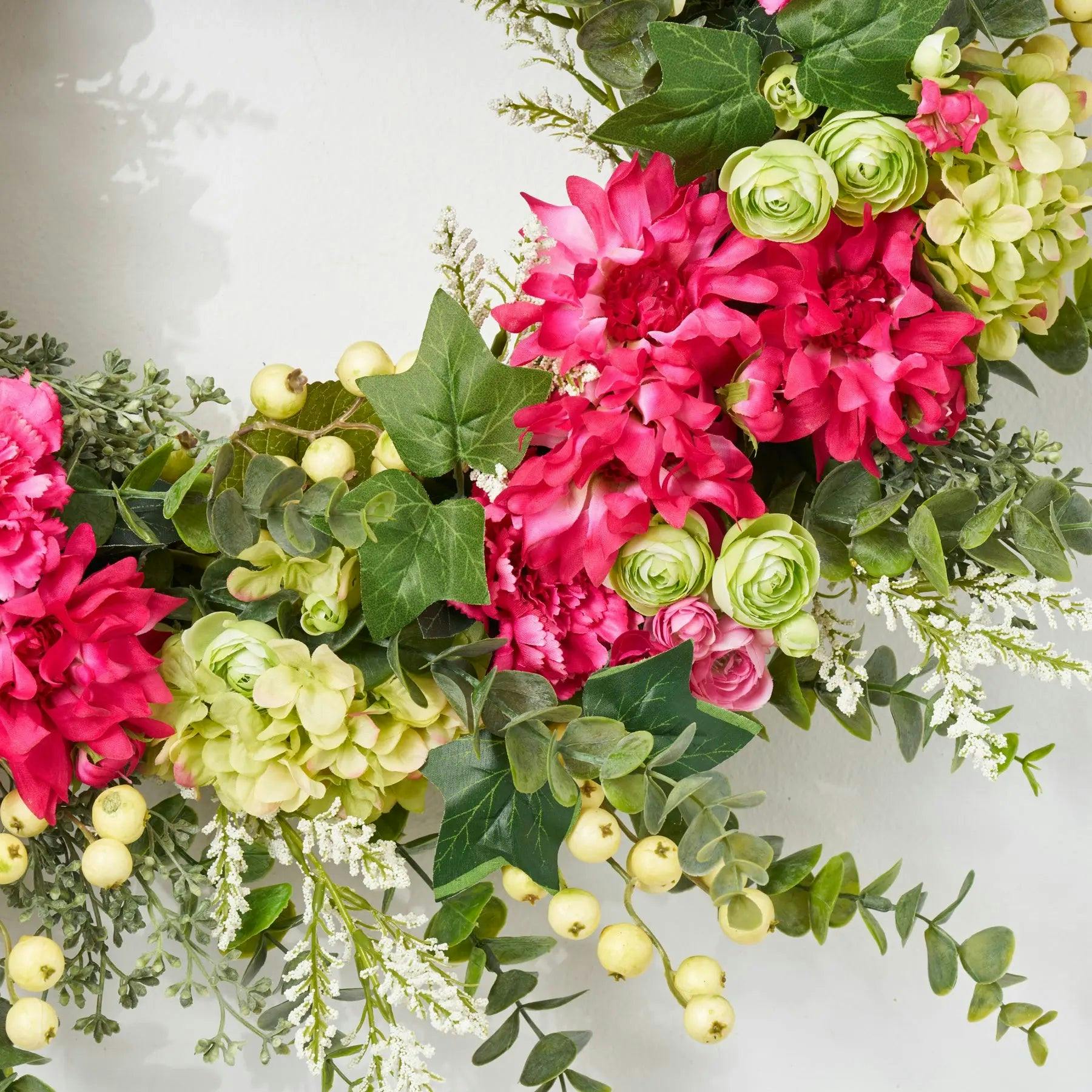 Hydrangea Dahlia Wreath - Fuchsia & Green Spring Summer Door Decor