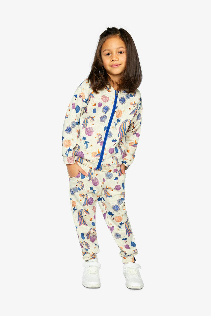 Hooded Zipped French Terry Cardigan Beige Unicorn Print