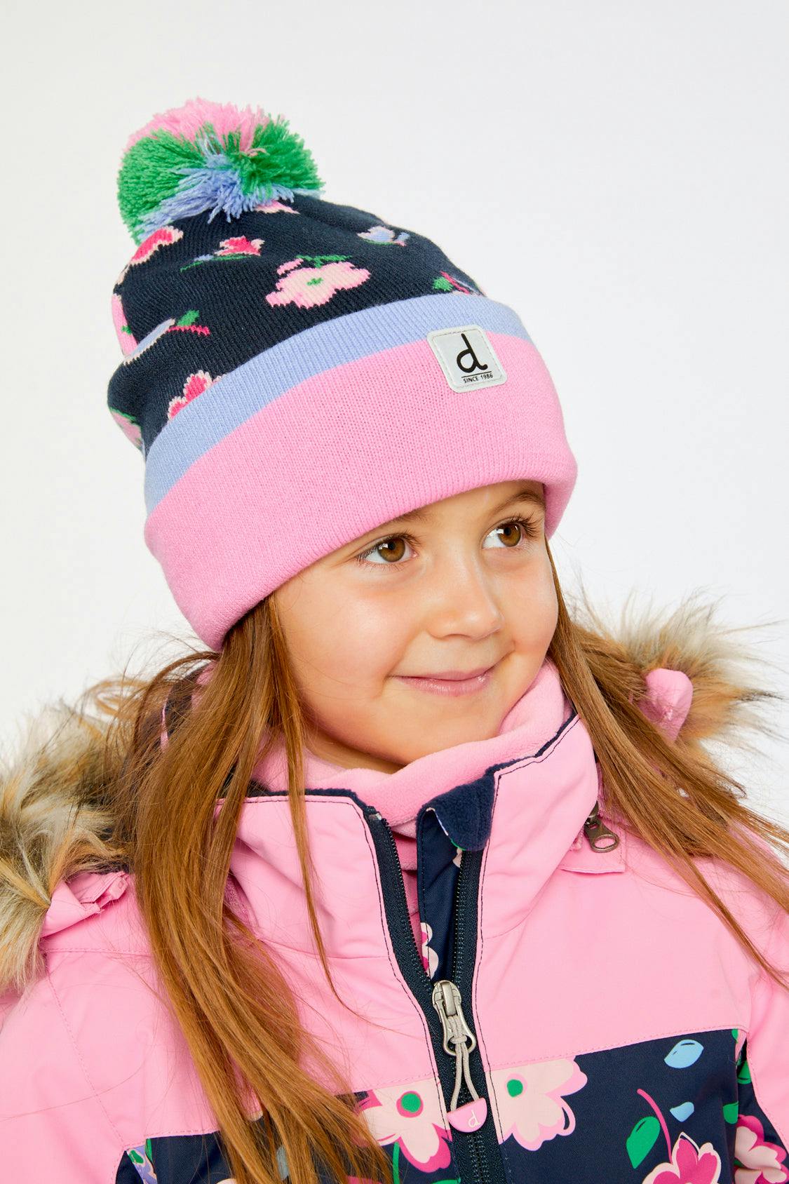 Winter Knit Hat With Pompom Blue Floral Print